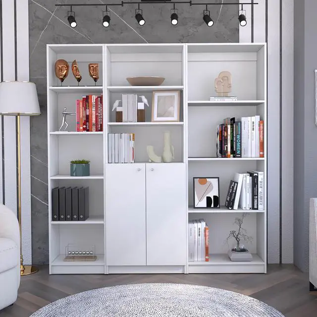 Main image of Poole 3 Piece Home Bookcase set, 67" Wide with 12 Shelves and 2-door Cabinet , Living Room Set White