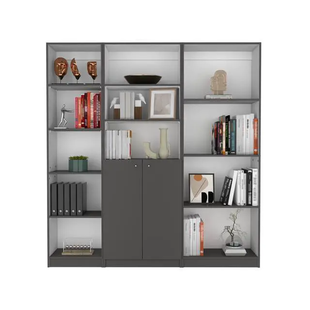 Alt view image 2 of 7 - Poole 3 Piece Home Bookcase set, 67" Wide with 12 Shelves and 2-door Cabinet , Living Room Set Matt Gray / White