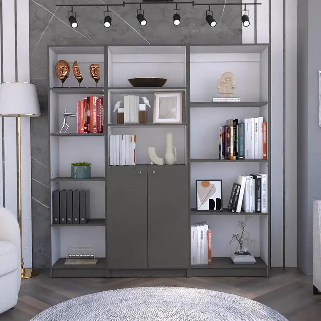 Main image of Poole 3 Piece Home Bookcase set, 67" Wide with 12 Shelves and 2-door Cabinet , Living Room Set Matt Gray / White