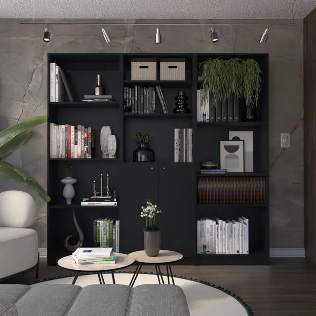 Main image of Aynor 3 Piece Home Bookcase set, 74" Wide with 12 Shelves and Two-Door Cabinet , Living Room Set Set Black