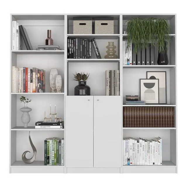Alt view image 2 of 7 - Aynor 3 Piece Home Bookcase set, 74" Wide with 12 Shelves and 2-door Cabinet , Living Room Set White
