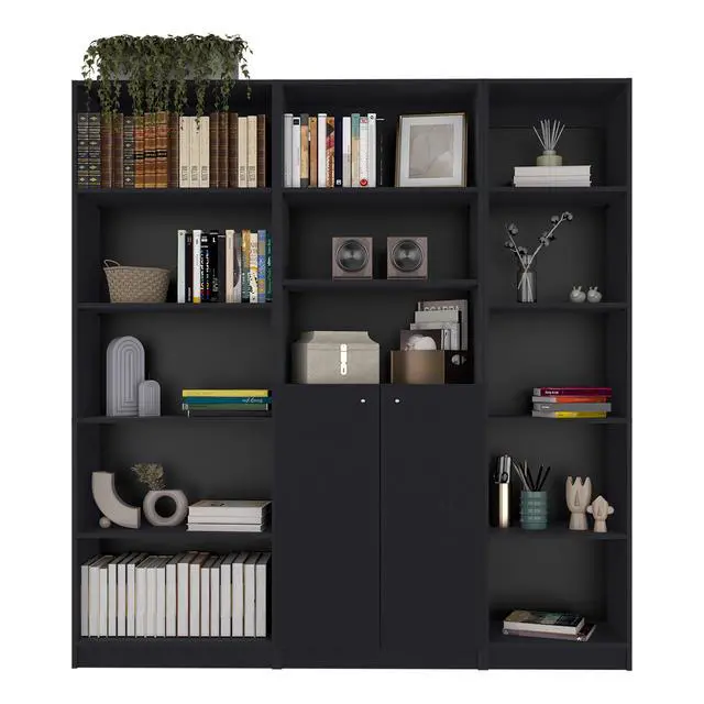 Alt view image 2 of 7 - Poston 3 Piece Home Bookcase set, 67" Wide with 13 Shelves and Two-Door Cabinet , Living Room Set Set Black