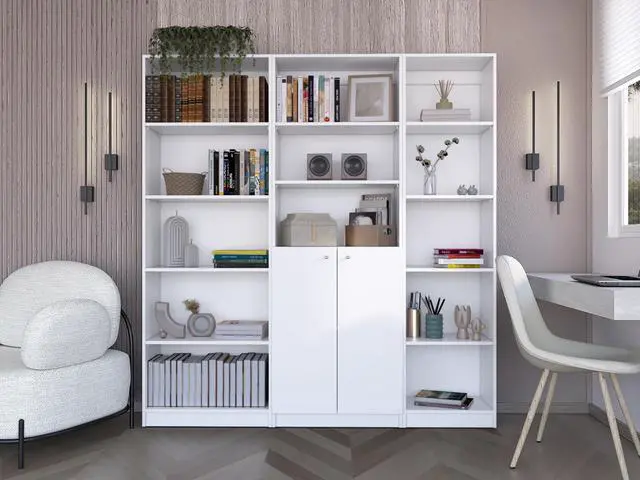 Main image of Poston 3 Piece Home Bookcase set, 67" Wide with 13 Shelves and 2-door Cabinet , Living Room Set White