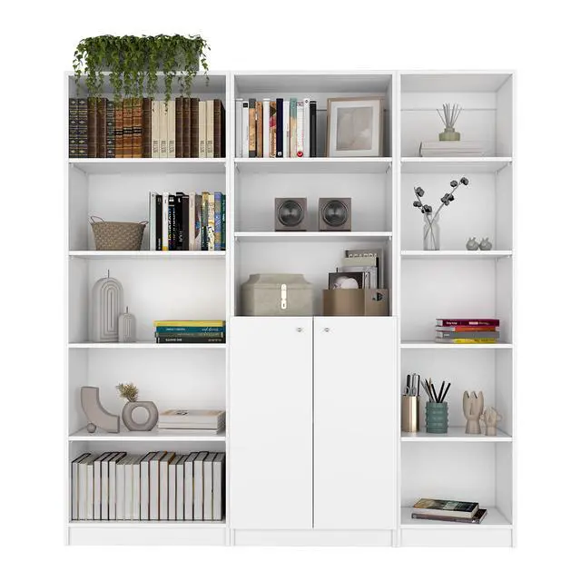 Alt view image 2 of 7 - Poston 3 Piece Home Bookcase set, 67" Wide with 13 Shelves and 2-door Cabinet , Living Room Set White