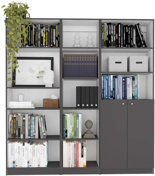 Main image of Poston 3 Piece Home Bookcase set, 67" Wide with 13 Shelves and 2-door Cabinet , Living Room Set Matt Gray / White