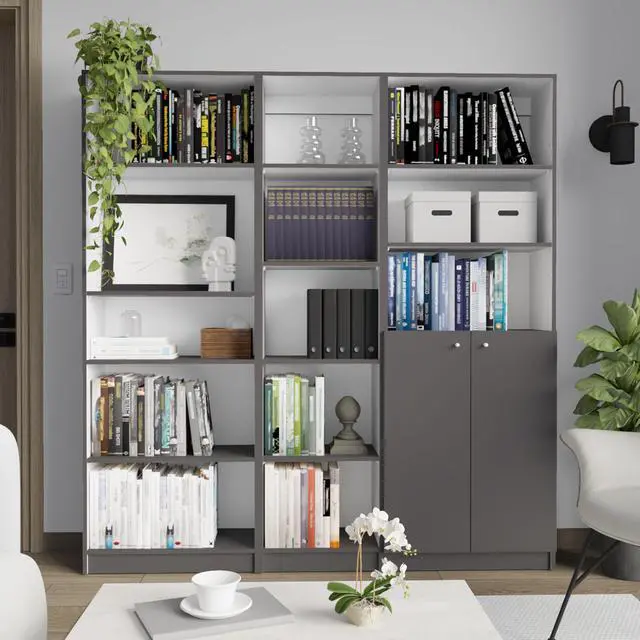 Alt view image 2 of 7 - Poston 3 Piece Home Bookcase set, 67" Wide with 13 Shelves and 2-door Cabinet , Living Room Set Matt Gray / White