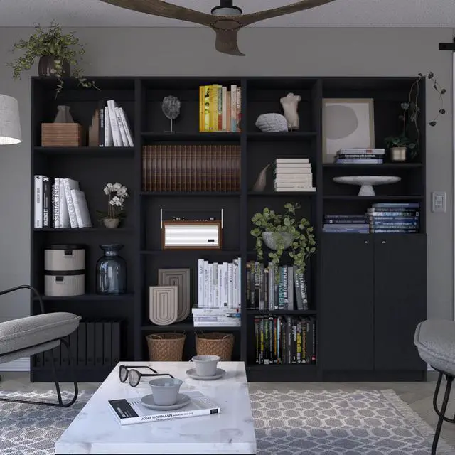 Main image of Dupree 4 Piece Home Bookcase set, 91" Wide with 17 Shelves And a Double-Door Cabinet , Living Room Set Black