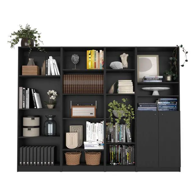 Alt view image 2 of 7 - Dupree 4 Piece Home Bookcase set, 91" Wide with 17 Shelves And a Double-Door Cabinet , Living Room Set Black