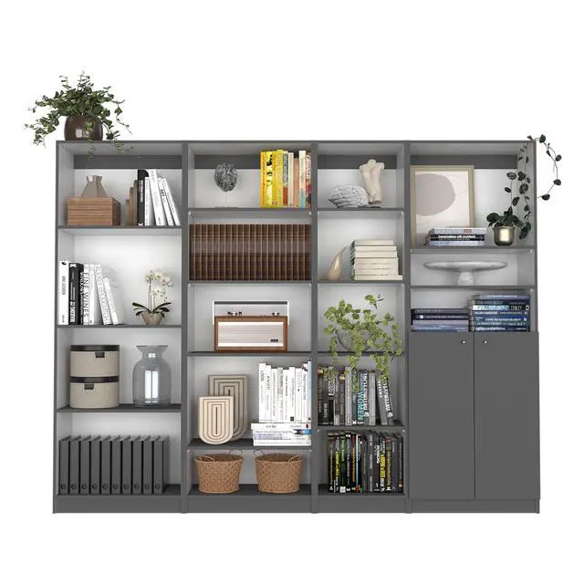Alt view image 2 of 7 - Dupree 4 Piece Home Bookcase set, 91" Wide with 17 Shelves And a Double-Door Cabinet , Living Room Set Matt Gray / White