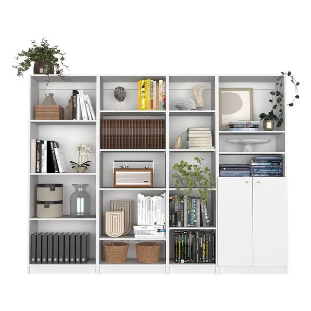 Alt view image 2 of 7 - Dupree 4 Piece Home Bookcase set, 91" Wide with 17 Shelves And a Double-Door Cabinet , Living Room Set Whitee
