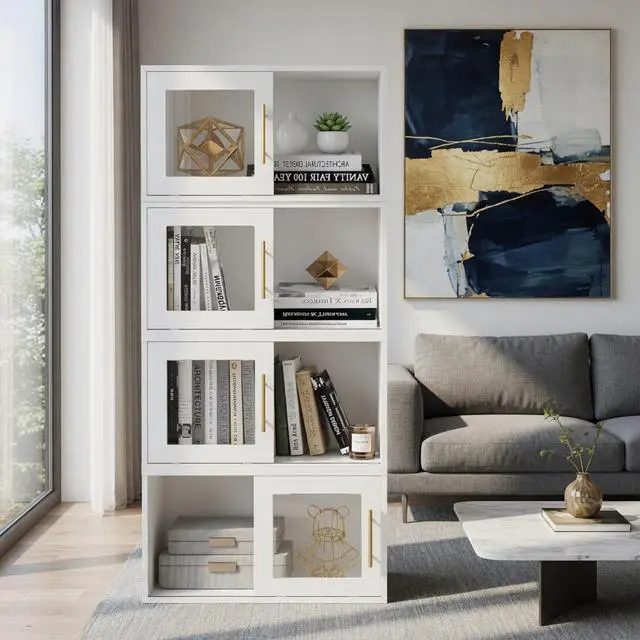 Alt view image 5 of 7 - 24" White Cube Storage Organizer w/ Sliding Door - Stackable Modular Bookshelf & Storage cabinet