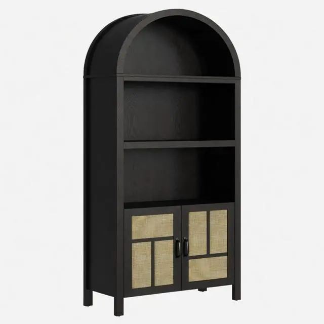 Main image of 70.2" Tall Black Arched Rattan Pantry Cabinet - Adjustable Kitchen Storage