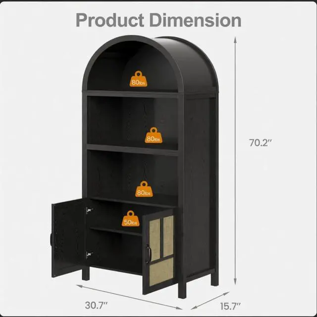 Alt view image 3 of 7 - 70.2" Tall Black Arched Rattan Pantry Cabinet - Adjustable Kitchen Storage