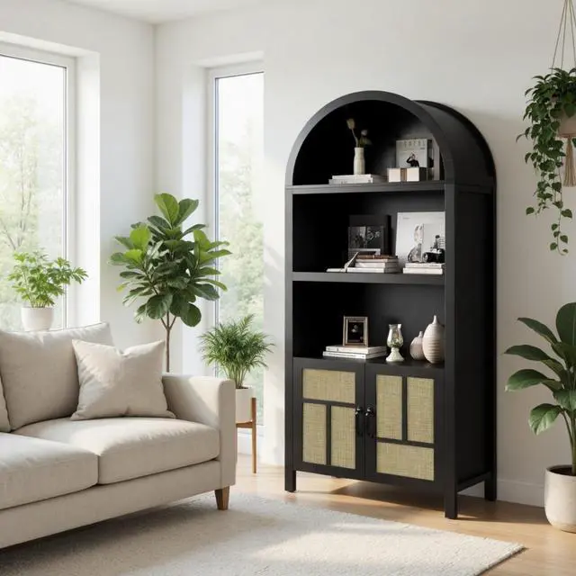 Alt view image 7 of 7 - 70.2" Tall Black Arched Rattan Pantry Cabinet - Adjustable Kitchen Storage