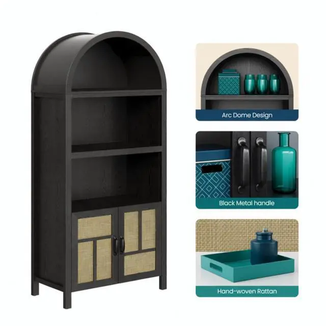 Alt view image 5 of 7 - 70.2" Tall Black Arched Rattan Pantry Cabinet - Adjustable Kitchen Storage