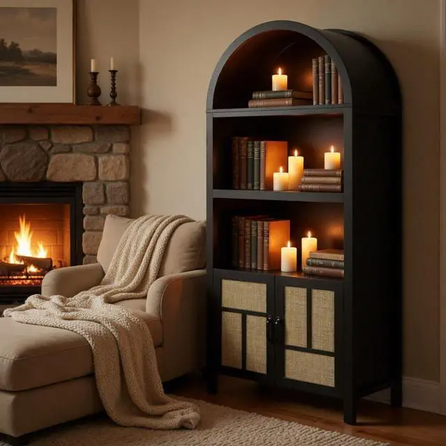 Alt view image 4 of 7 - 70.2" Tall Black Arched Rattan Pantry Cabinet - Adjustable Kitchen Storage