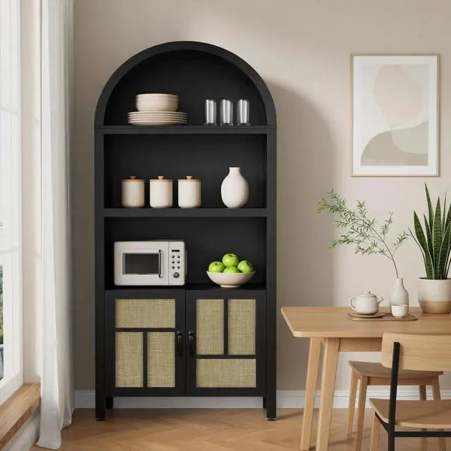 Alt view image 6 of 7 - 70.2" Tall Black Arched Rattan Pantry Cabinet - Adjustable Kitchen Storage