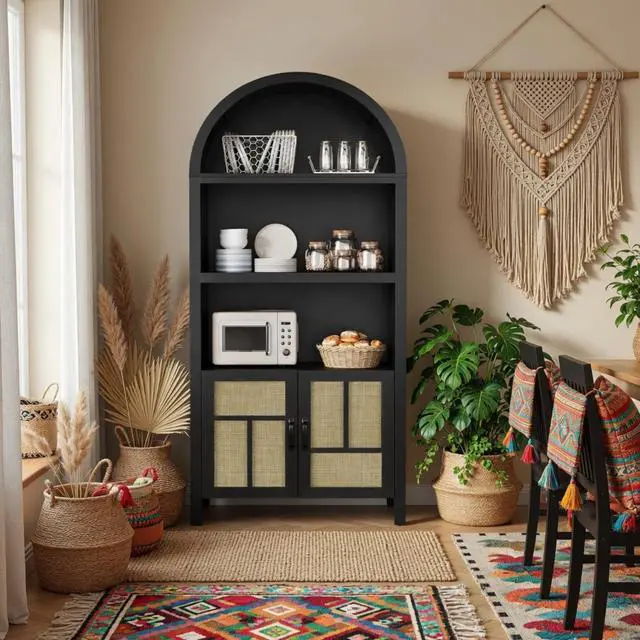 Alt view image 2 of 7 - 70.2" Tall Black Arched Rattan Pantry Cabinet - Adjustable Kitchen Storage
