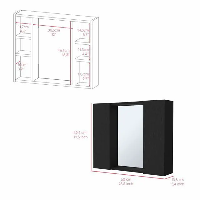 Alt view image 3 of 7 - Medicine Cabinet Hops, Double Door, Mirror, One External Shelf, Black Wengue Finish