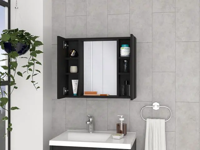 Alt view image 5 of 7 - Medicine Cabinet Hops, Double Door, Mirror, One External Shelf, Black Wengue Finish