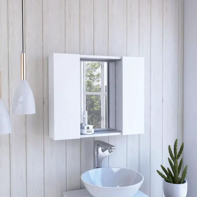 Main image of Medicine Cabinet Hops, Double Door, Mirror, One External Shelf, White Finish