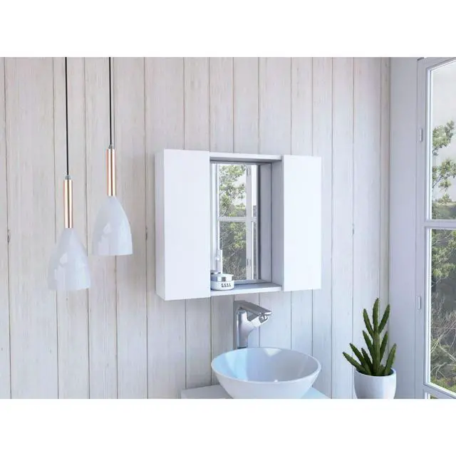 Alt view image 7 of 7 - Medicine Cabinet Hops, Double Door, Mirror, One External Shelf, White Finish