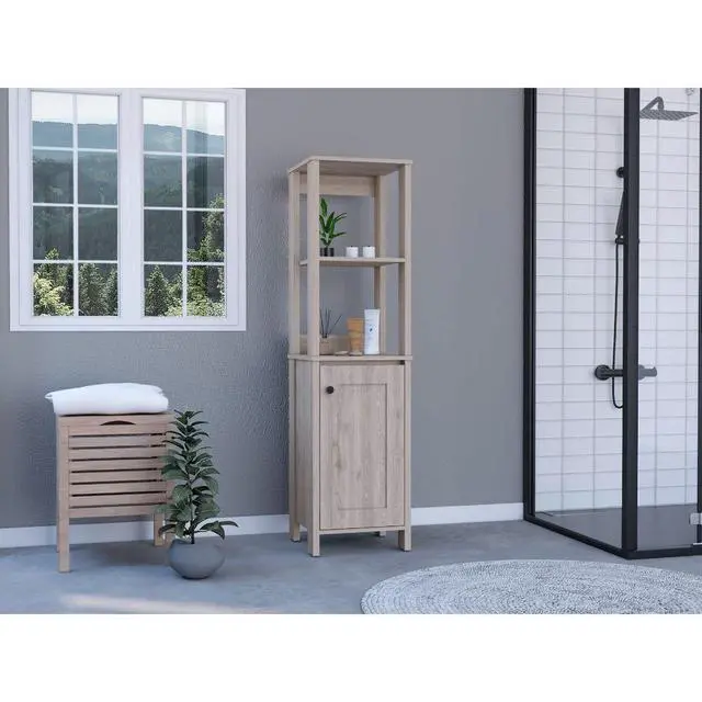 Alt view image 4 of 7 - Linen Cabinet Jannes, Two Open Shelves, Single Door, Light Gray Finish