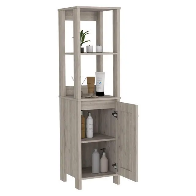 Alt view image 7 of 7 - Linen Cabinet Jannes, Two Open Shelves, Single Door, Light Gray Finish