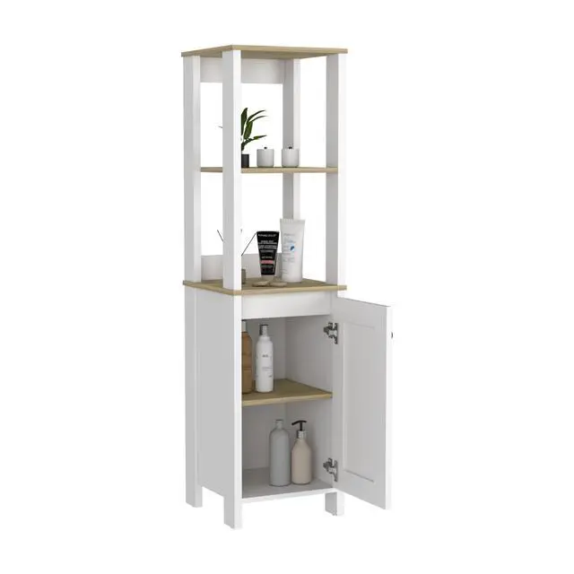 Alt view image 2 of 7 - Linen Cabinet Jannes, Two Open Shelves, Single Door, Light Oak / White Finish