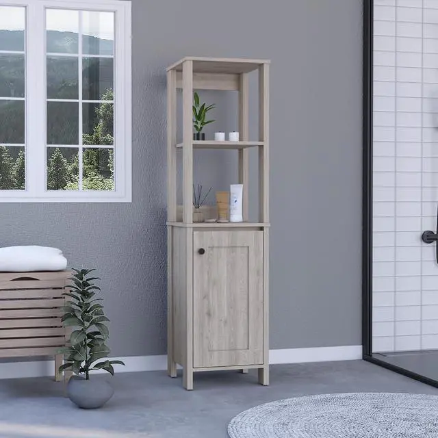 Alt view image 5 of 7 - Linen Cabinet Jannes, Two Open Shelves, Single Door, Light Gray Finish