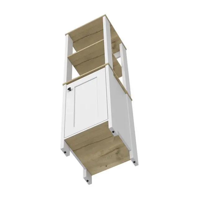Alt view image 4 of 7 - Linen Cabinet Jannes, Two Open Shelves, Single Door, Light Oak / White Finish