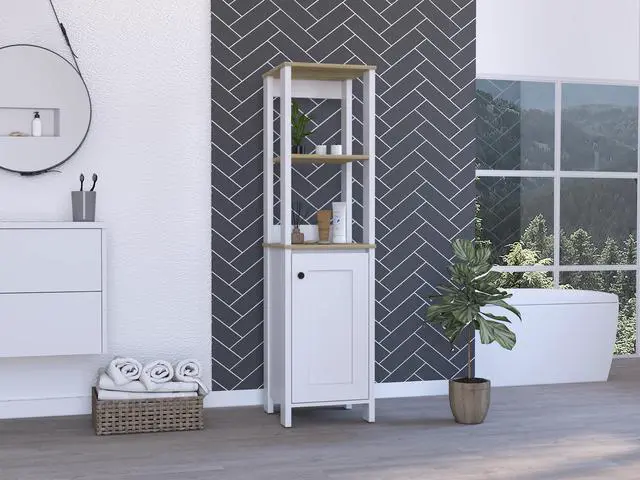 Main image of Linen Cabinet Jannes, Two Open Shelves, Single Door, Light Oak / White Finish