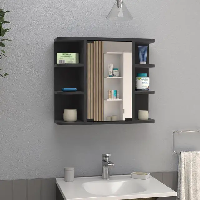 Alt view image 5 of 7 - Medicine Cabinet Milano,Six External Shelves Mirror, Black Wengue Finish