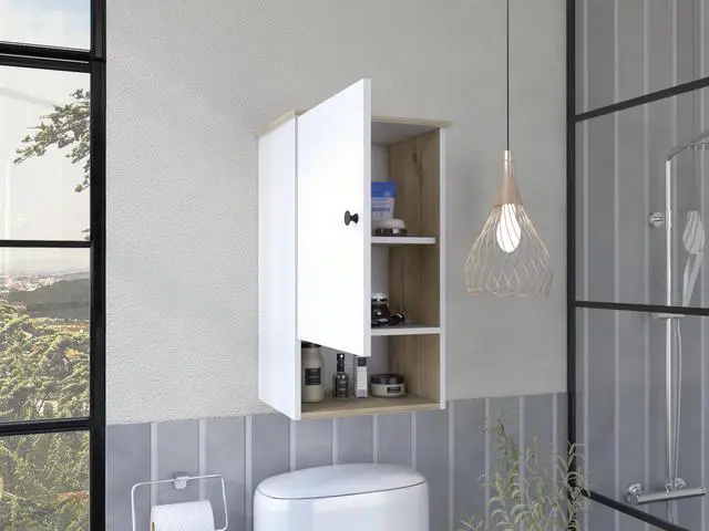 Alt view image 2 of 7 - Medicine Cabinet Porto, Two Internal Shelves, Light Oak / White Finish