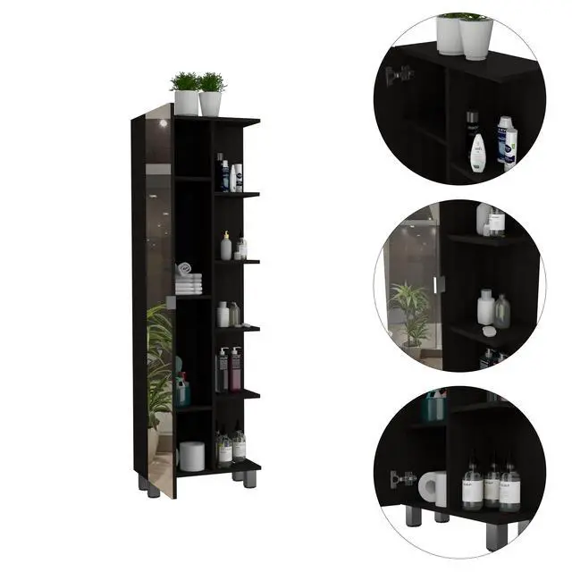 Alt view image 2 of 7 - Mirror Linen Cabinet Reno,Four Interior Shelves, Black Wengue Finish