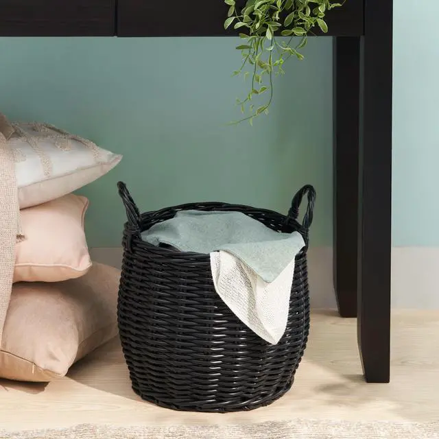 Alt view image 2 of 6 - Lucius Round Resin Woven Wicker Basket with Handles - 13" x 13" x 10.2" - Black - For Clothes, Towels, Toys, Magazines Storage and Home Decoration