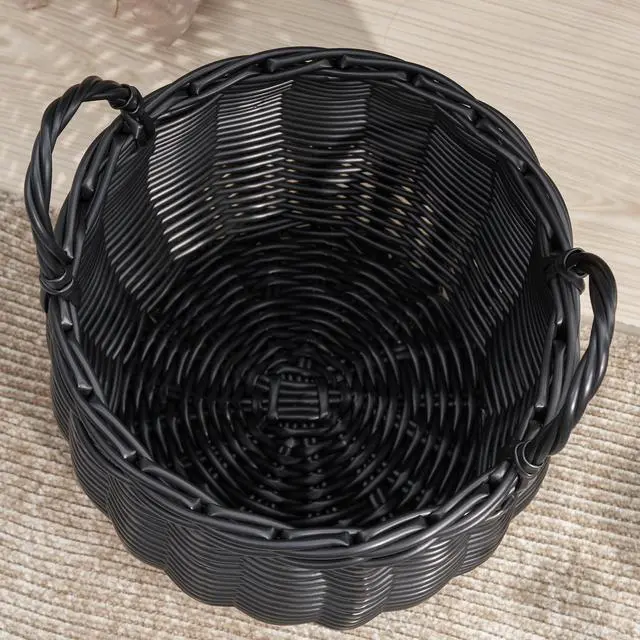 Alt view image 3 of 6 - Lucius Round Resin Woven Wicker Basket with Handles - 13" x 13" x 10.2" - Black - For Clothes, Towels, Toys, Magazines Storage and Home Decoration