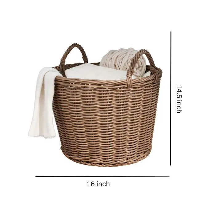 Alt view image 3 of 7 - Joseph Round Cone Woven Resin Wicker Basket with Handles - 16" x 16" x 10.5" - Chocolate Brown - For Clothes, Towels, Canvas, Toys, Magazine Storage and Home Decoration