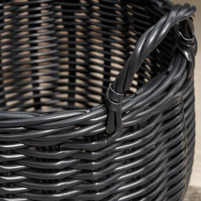 Alt view image 4 of 6 - Lucius Round Resin Woven Wicker Basket with Handles - 13" x 13" x 10.2" - Black - For Clothes, Towels, Toys, Magazines Storage and Home Decoration