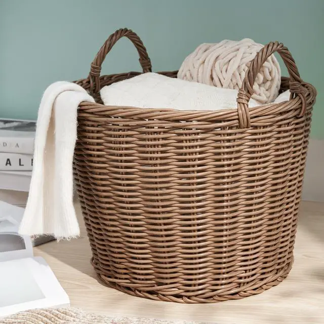 Alt view image 2 of 7 - Joseph Round Cone Woven Resin Wicker Basket with Handles - 16" x 16" x 10.5" - Chocolate Brown - For Clothes, Towels, Canvas, Toys, Magazine Storage and Home Decoration