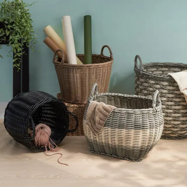 Alt view image 6 of 6 - Lucius Round Resin Woven Wicker Basket with Handles - 13" x 13" x 10.2" - Black - For Clothes, Towels, Toys, Magazines Storage and Home Decoration