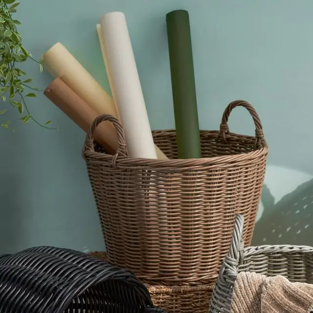 Alt view image 5 of 7 - Joseph Round Cone Woven Resin Wicker Basket with Handles - 16" x 16" x 10.5" - Chocolate Brown - For Clothes, Towels, Canvas, Toys, Magazine Storage and Home Decoration