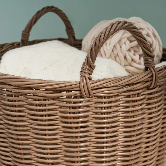 Alt view image 6 of 7 - Joseph Round Cone Woven Resin Wicker Basket with Handles - 16" x 16" x 10.5" - Chocolate Brown - For Clothes, Towels, Canvas, Toys, Magazine Storage and Home Decoration