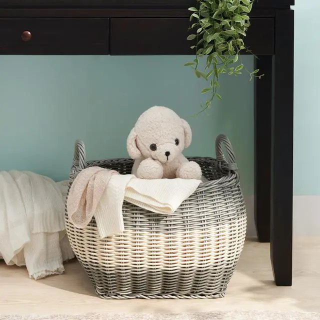 Alt view image 2 of 5 - Zita Oval Resin Woven Wicker Multi-Use Storage Basket with Handles - 18" x 15" x 11.4" - White-Gray - For Towel, Toys, Magazines Storage and Home Decoration