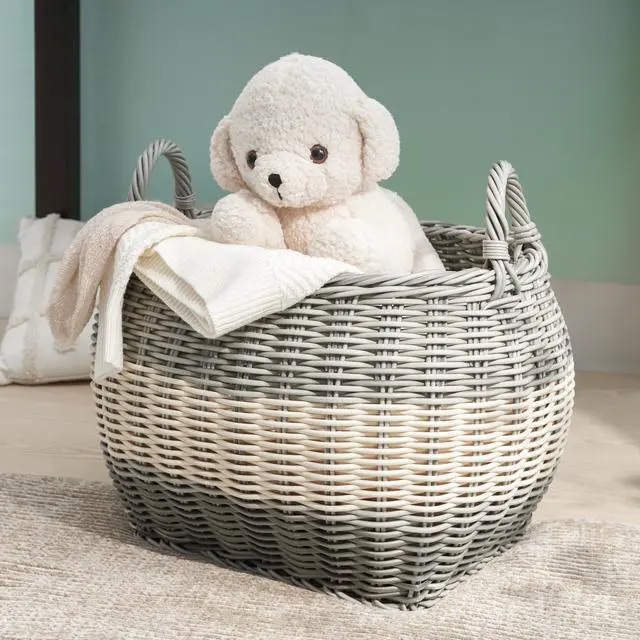 Alt view image 3 of 5 - Zita Oval Resin Woven Wicker Multi-Use Storage Basket with Handles - 18" x 15" x 11.4" - White-Gray - For Towel, Toys, Magazines Storage and Home Decoration