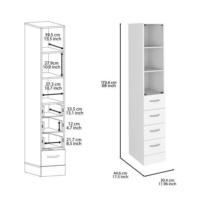 Alt view image 3 of 6 - Linen Cabinet 68" H, Three Shelves, Four Drawers and Metal handles, White