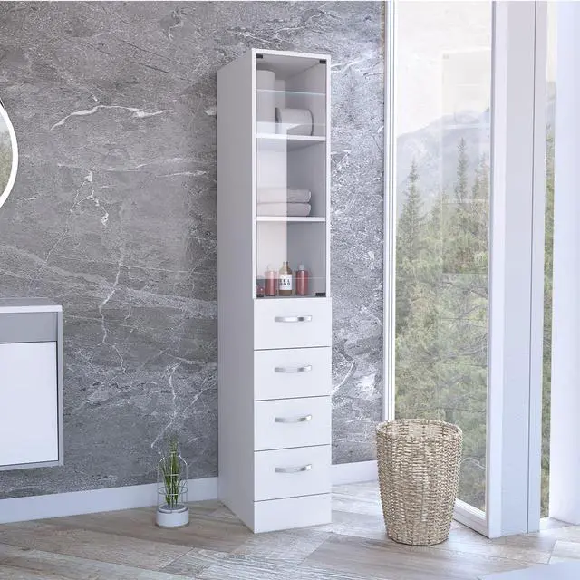 Alt view image 2 of 6 - Linen Cabinet 68" H, Three Shelves, Four Drawers and Metal handles, White