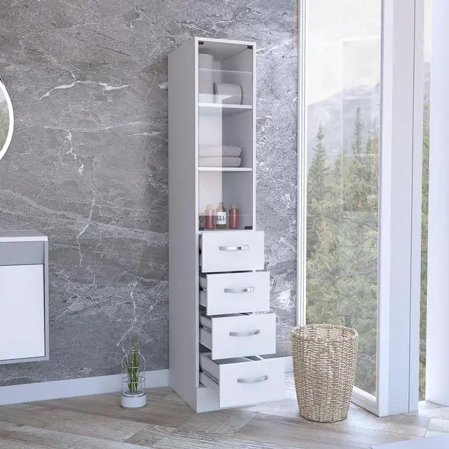 Alt view image 4 of 6 - Linen Cabinet 68" H, Three Shelves, Four Drawers and Metal handles, White