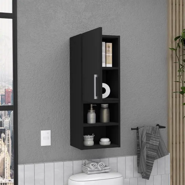 Alt view image 2 of 6 - Medicine Single Door Cabinet 31"H, Two External Shelves, Two Interior Shelves, Black