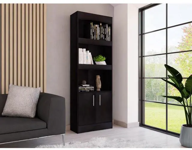 Main image of Bookcase, Three Shelves, Double Door Cabinet, Metal Hardware, Black